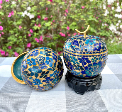 Vintage Cloisonne Brass Apple with Blue Enamel Flowers Trinket Box