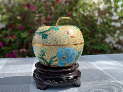 Vintage Yellow Apple Shaped Cloisonné Trinket Jar with Blue Flowers