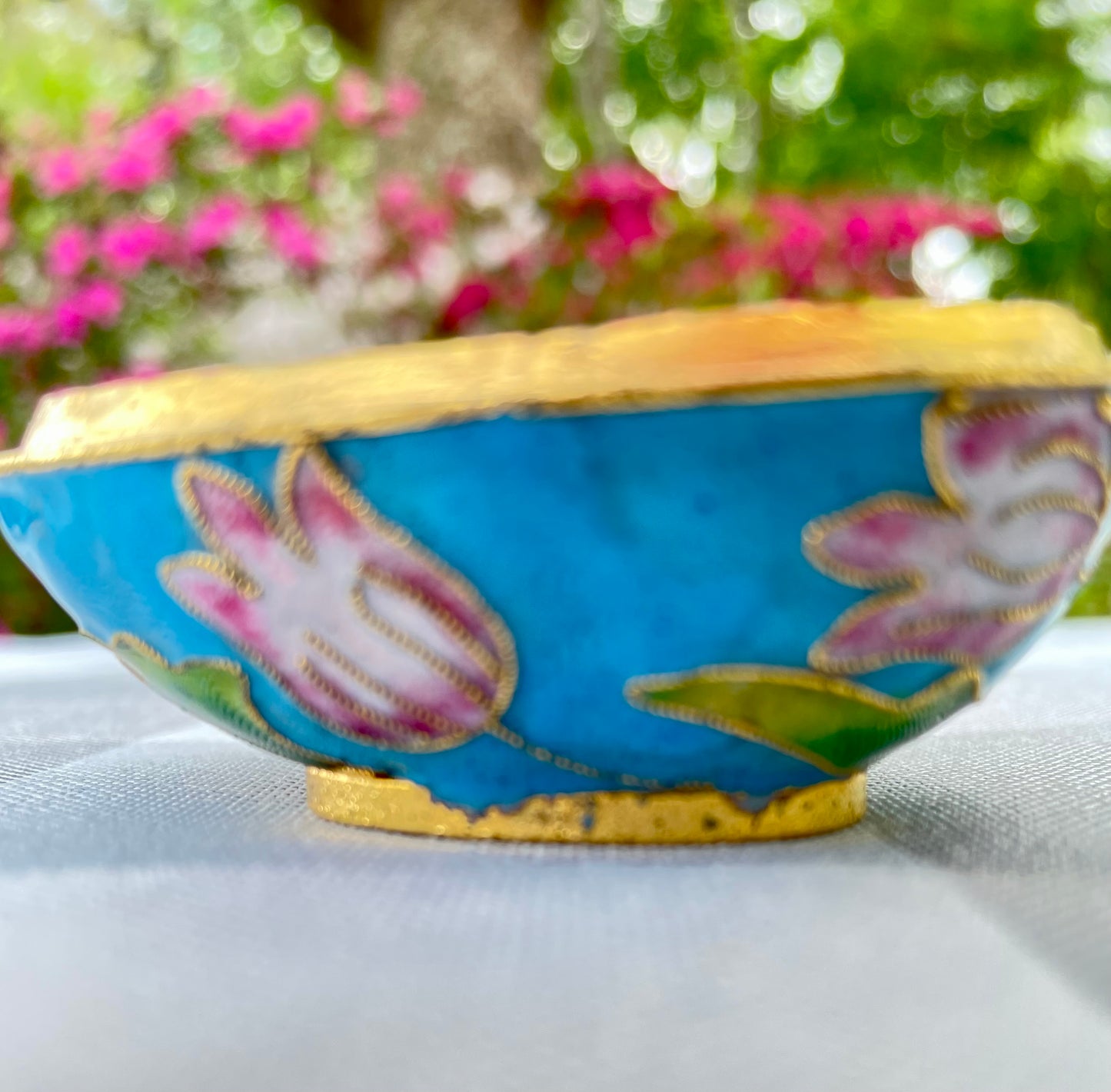 Vintage Cloisonne Blue Enamel and Pink Tulip Lateral Open Egg