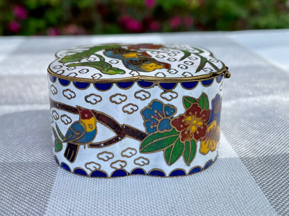 Vintage Cloisonne Rare White Enamel over Brass Trinket Box with Tropical Birds