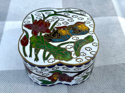 Vintage Cloisonne Rare White Enamel over Brass Trinket Box with Tropical Birds