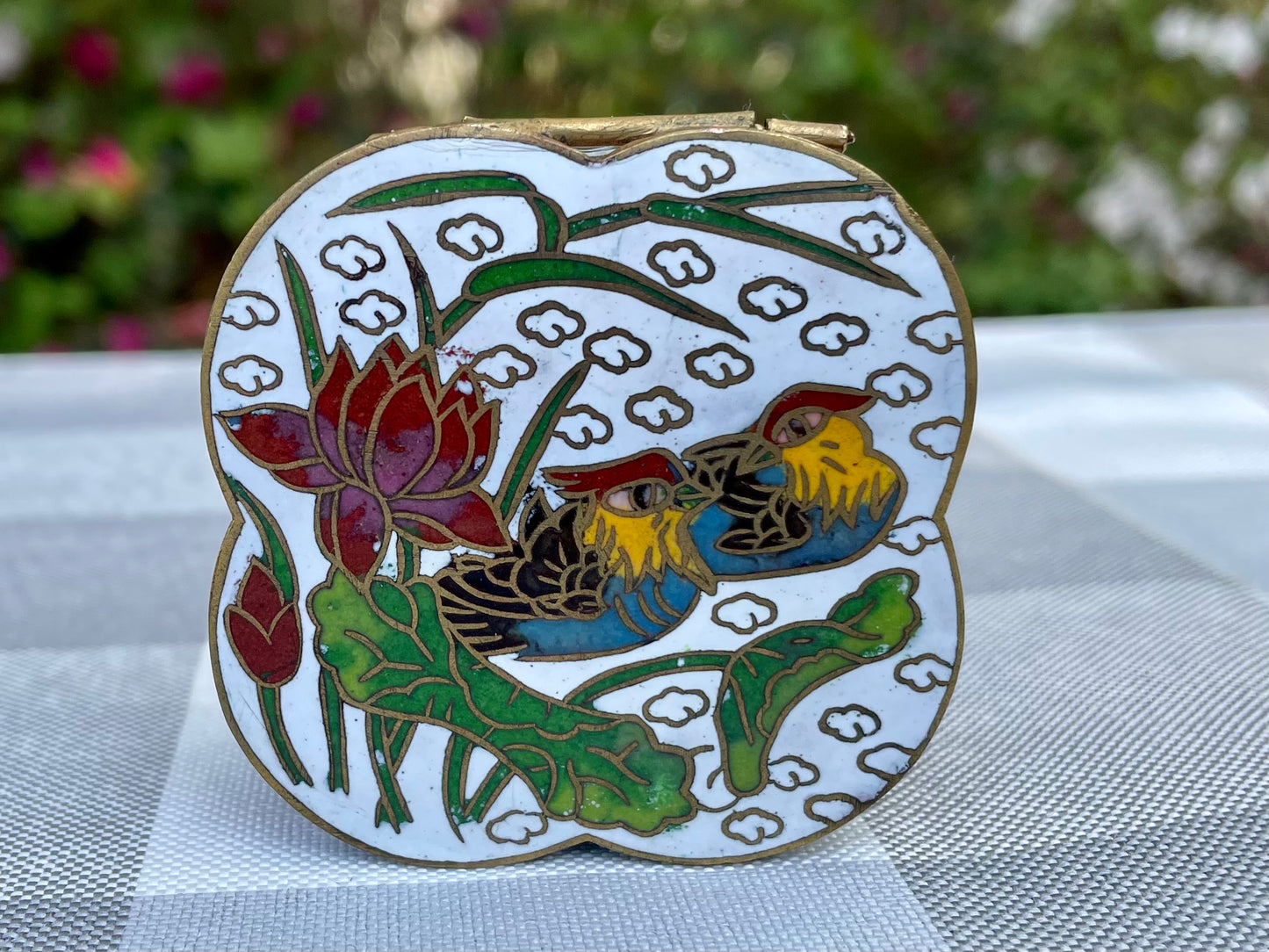 Vintage Cloisonne Rare White Enamel over Brass Trinket Box with Tropical Birds