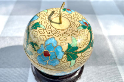 Vintage Yellow Apple Shaped Cloisonné Trinket Jar with Blue Flowers