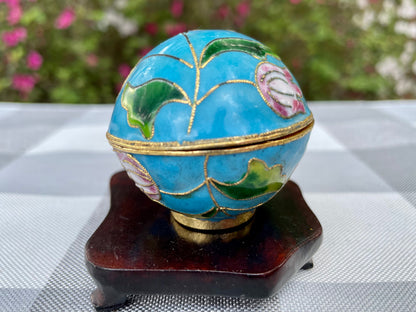 Vintage Cloisonne Blue Enamel and Pink Tulip Lateral Open Egg