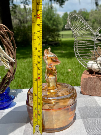 Vintage Marigold Carnival Glass Fawn/Deer Round Vanity Powder Jar