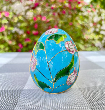 Vintage Cloisonne Blue Enamel and Pink Tulip Lateral Open Egg