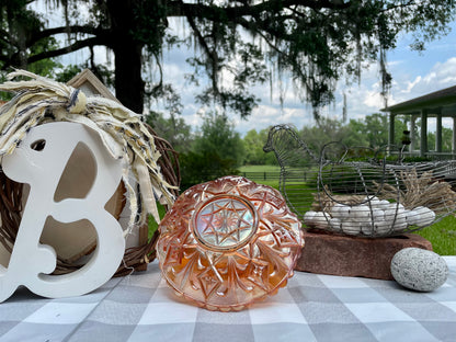 Vintage Marigold Carnival Glass Ornate Basket with Handle