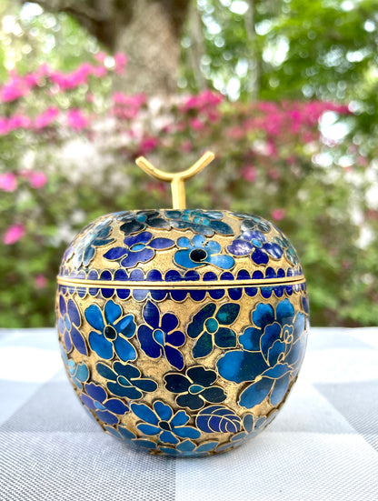 Vintage Cloisonne Brass Apple with Blue Enamel Flowers Trinket Box