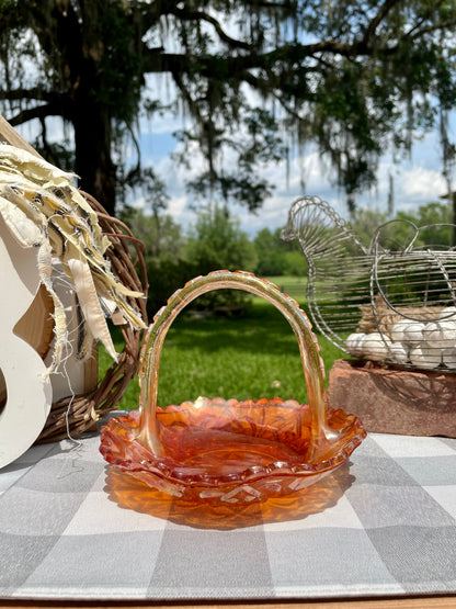 Vintage Marigold Carnival Glass Ornate Basket with Handle