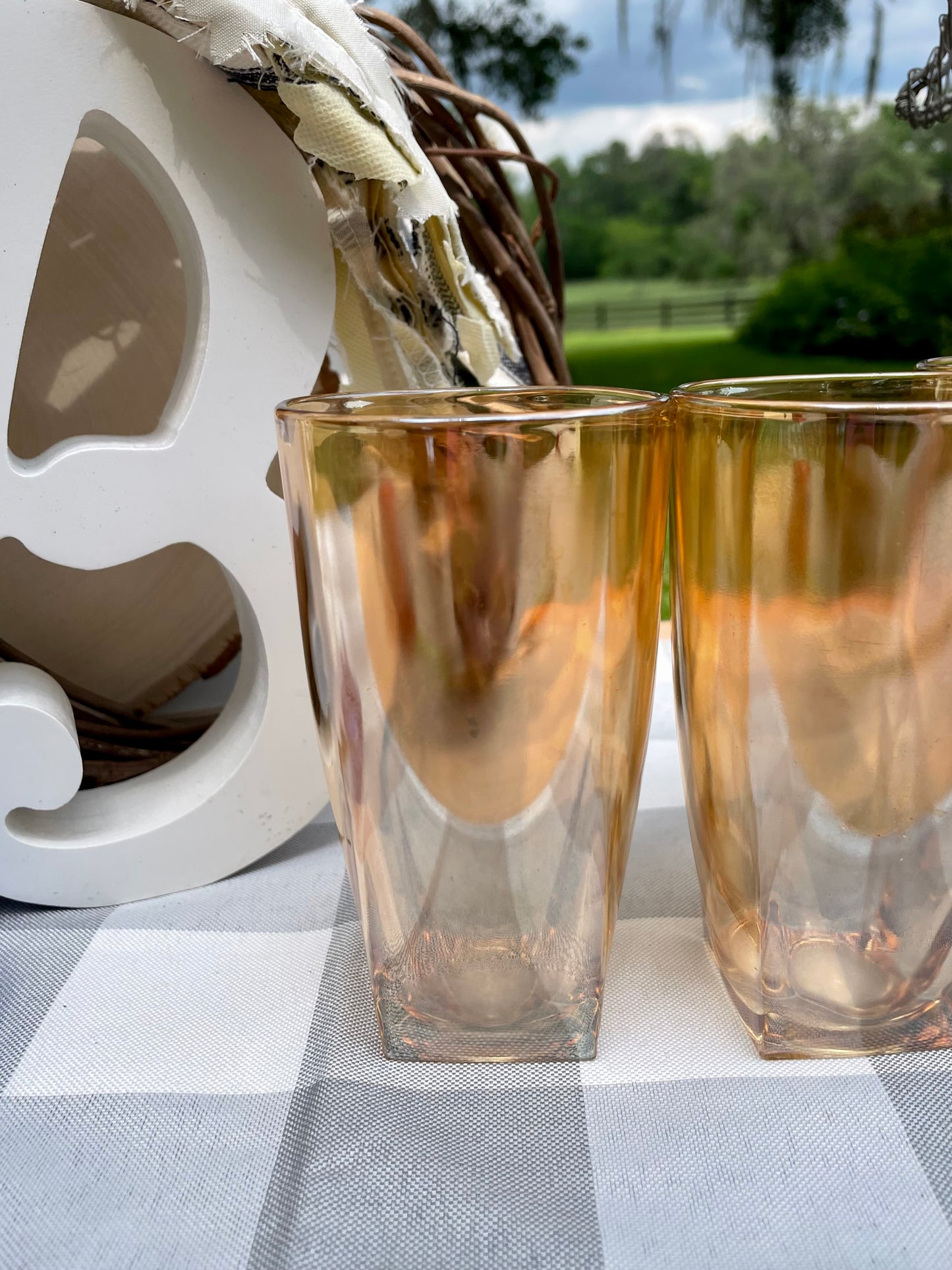 Vintage Marigold Iridescent Peach Lusterware Carnival Glass Square Based 16oz. Tumbler set of 3