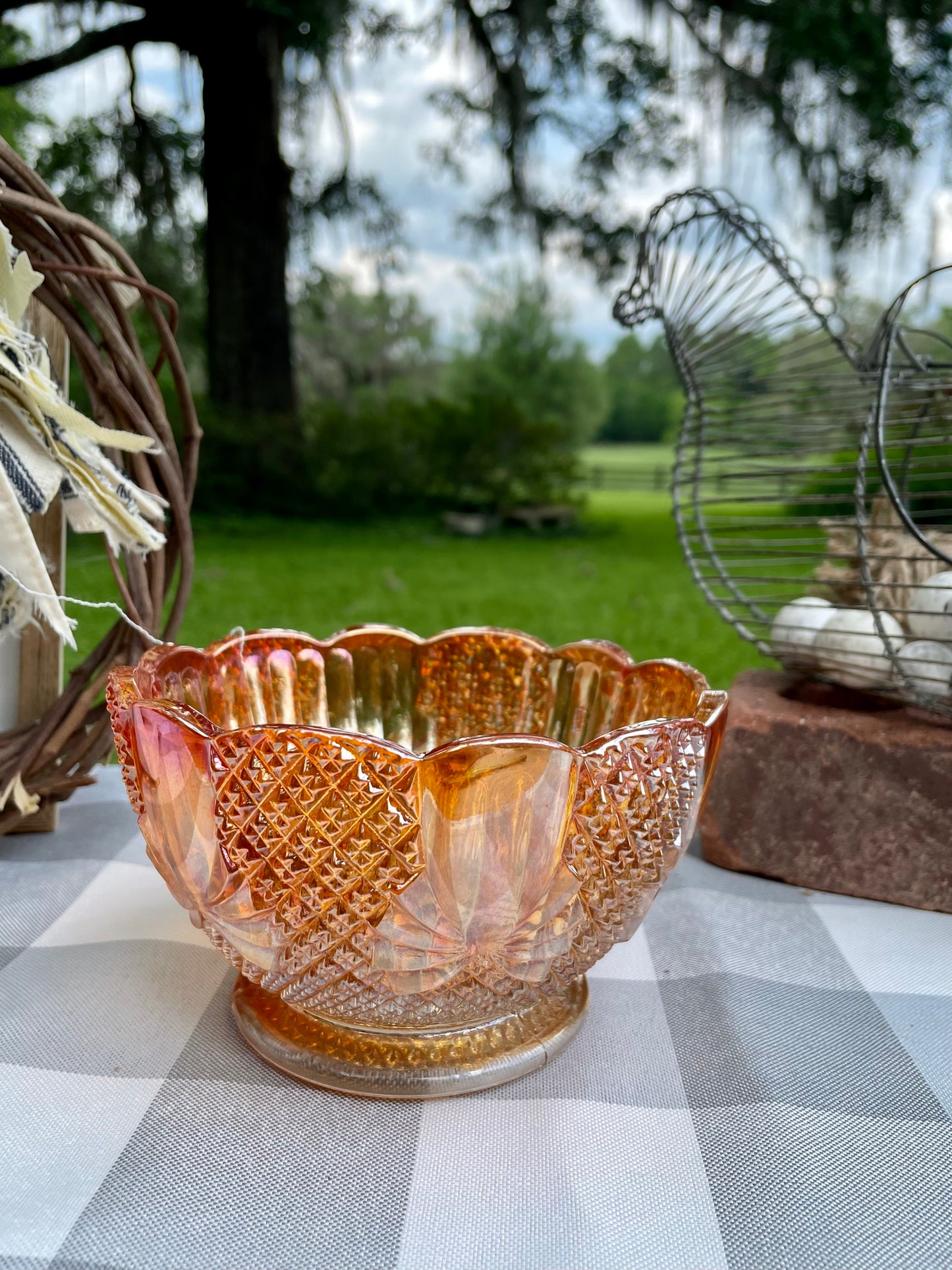 Vintage Marigold Diamond Bow Optic Scalloped Edge Carnival Glass Bowl with Bow Details