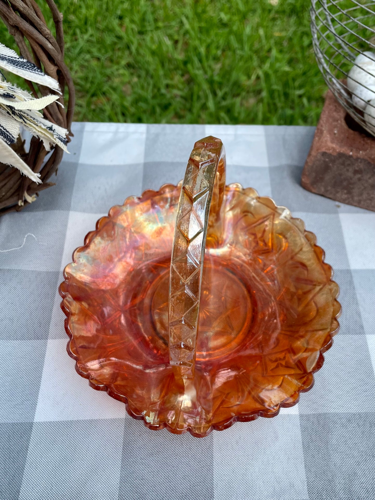 Vintage Marigold Carnival Glass Ornate Basket with Handle