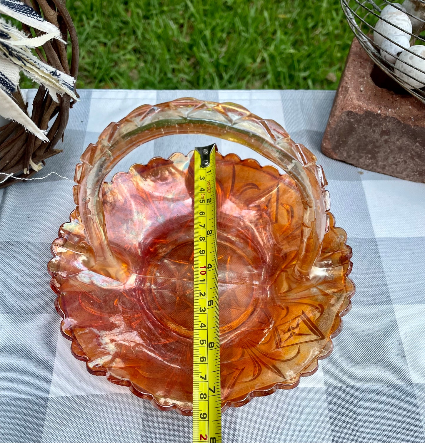 Vintage Marigold Carnival Glass Ornate Basket with Handle