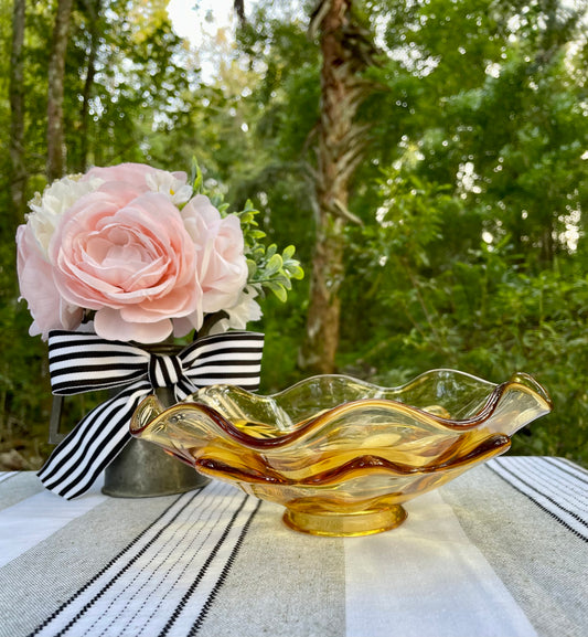 MCM Yellow Viking Glass Orange Molded Double Layered Bowl Ruffle Edge Compote Fruit Bowl