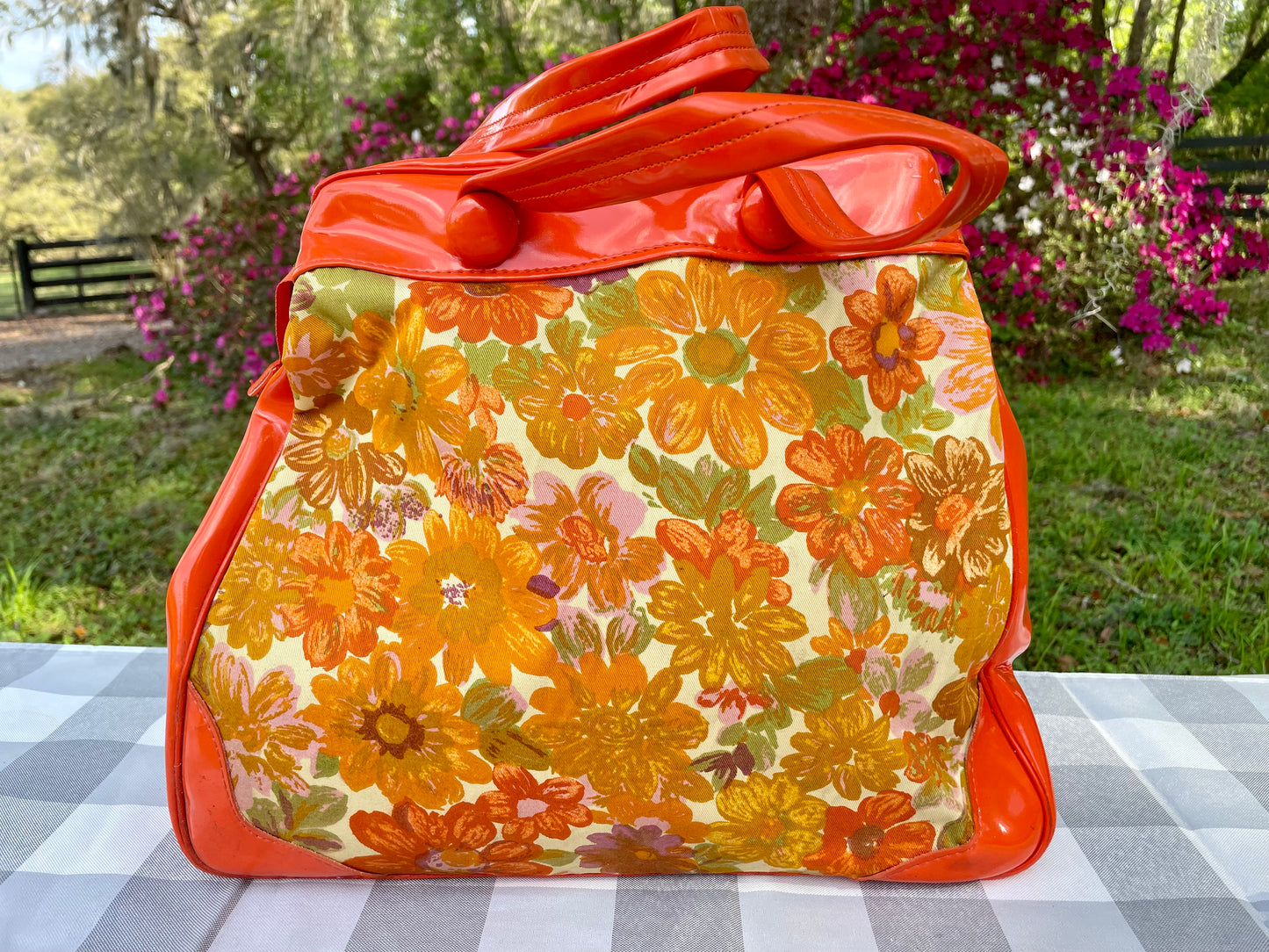 Vintage Retro Orange Canvas 1960s Flower Power Purse