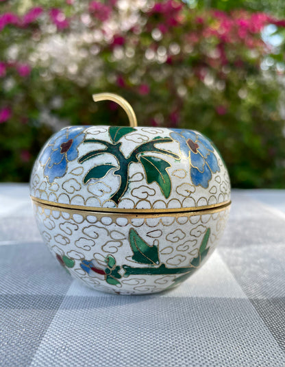 Vintage Cloisonne White Apple Shaped Trinket Box