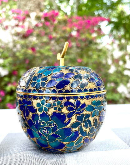 Vintage Cloisonne Brass Apple with Blue Enamel Flowers Trinket Box