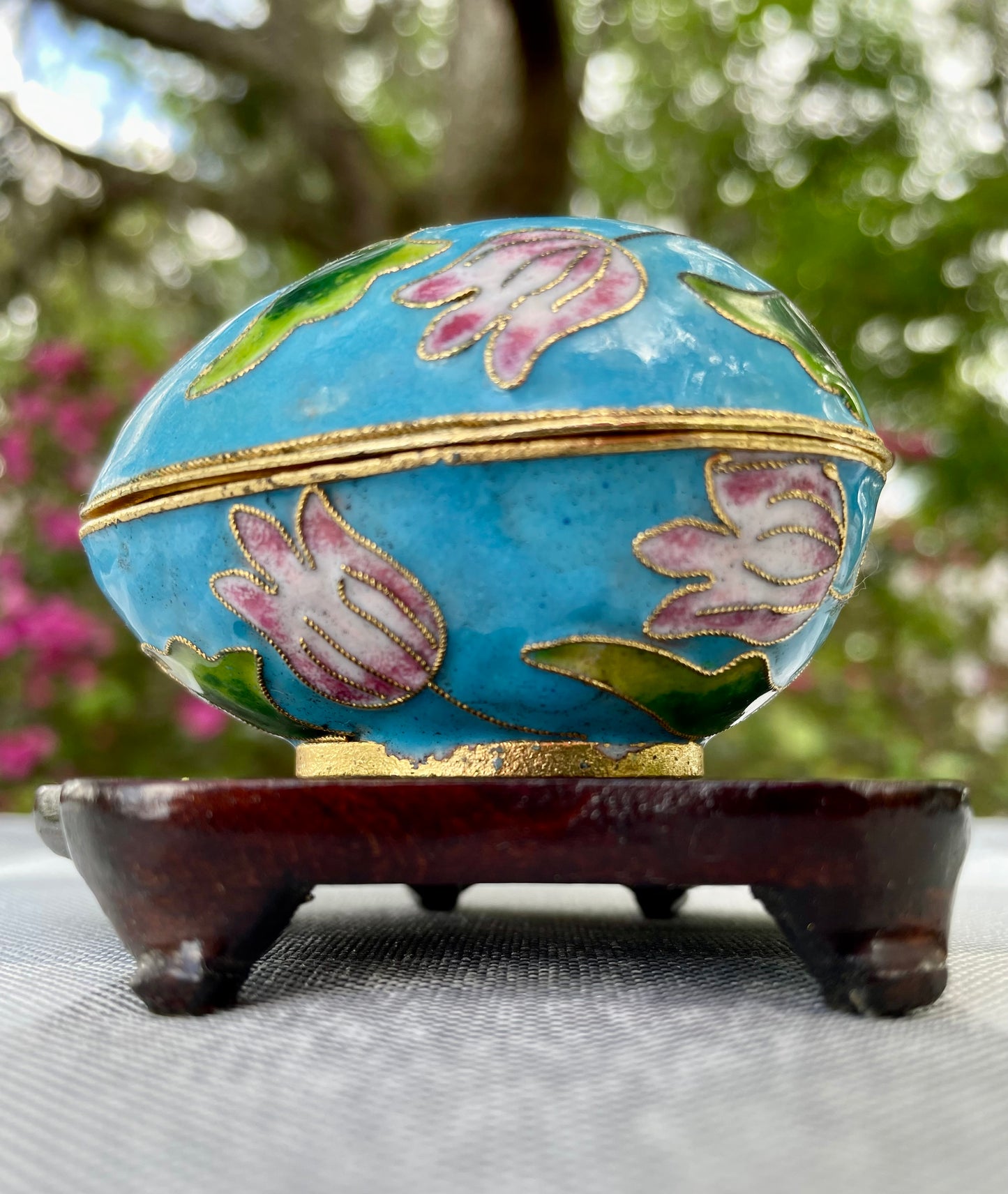 Vintage Cloisonne Blue Enamel and Pink Tulip Lateral Open Egg