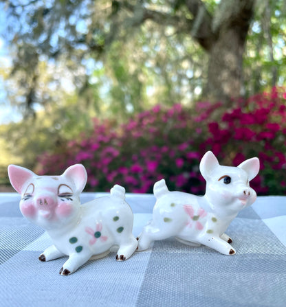 Vintage Pink and White Bone China Tiny Piglet Salt and Pepper Shakers