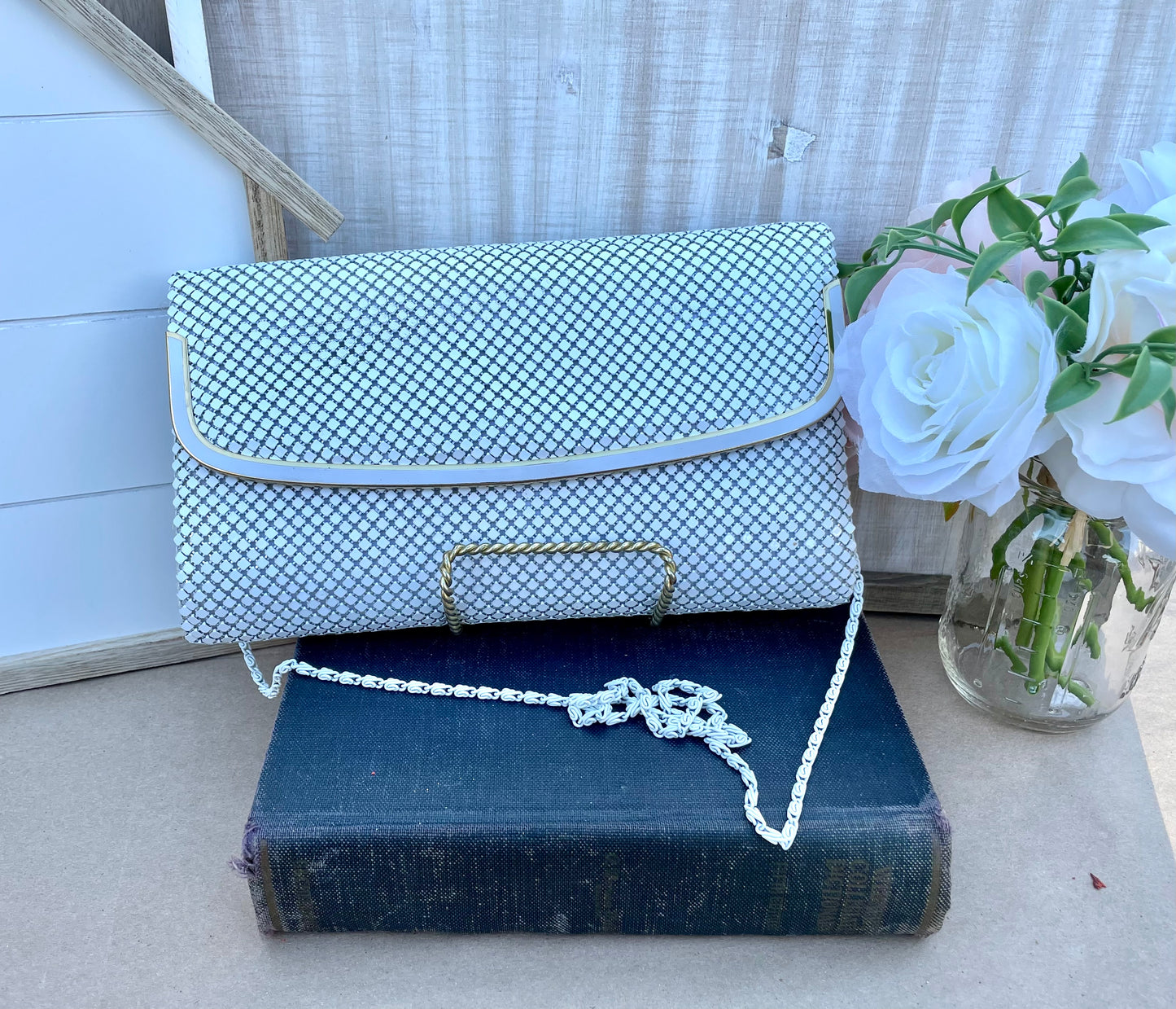 Vintage White Mesh Chainmail Clutch with Strap