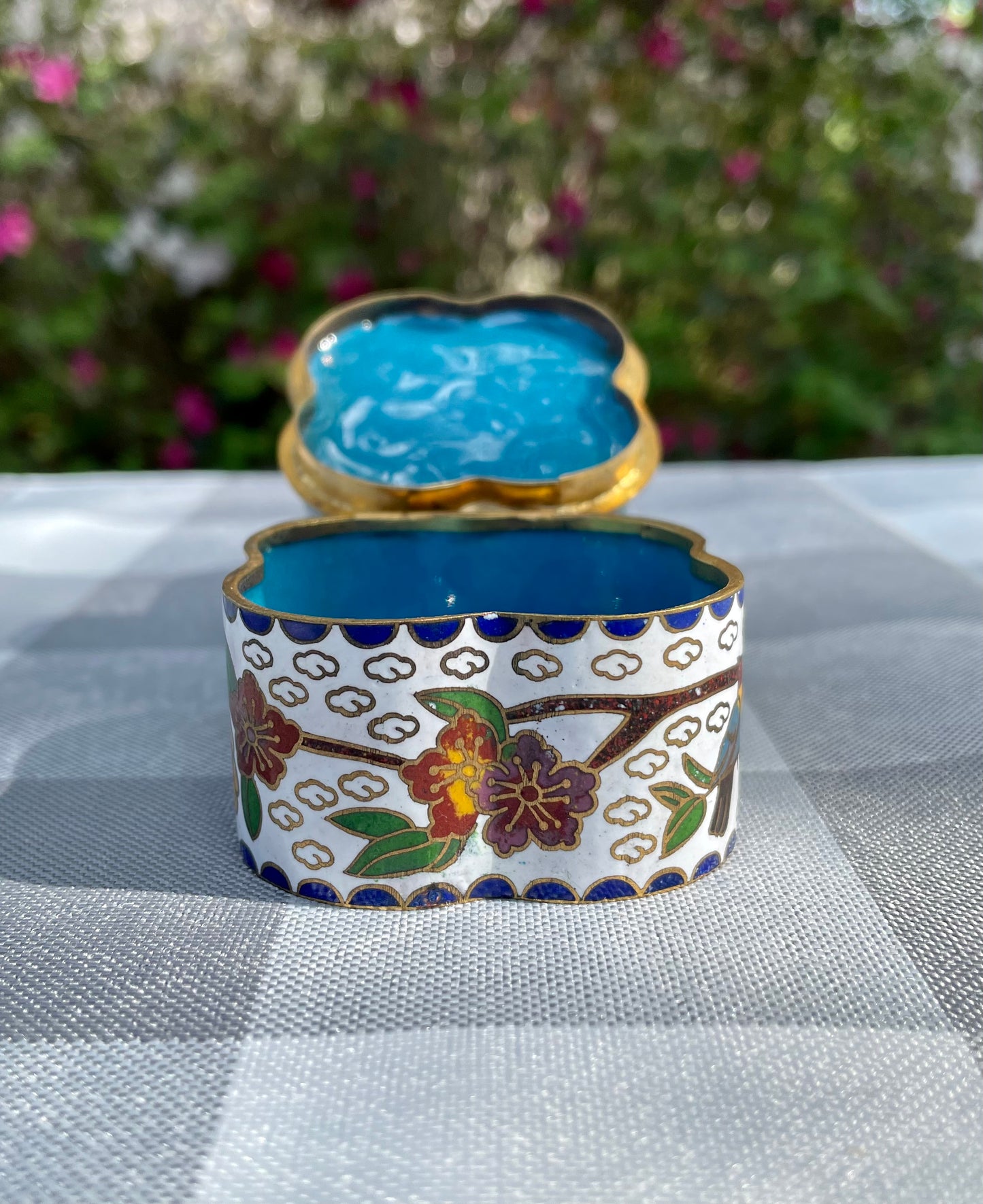 Vintage Cloisonne Rare White Enamel over Brass Trinket Box with Tropical Birds