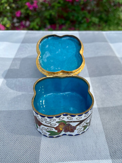 Vintage Cloisonne Rare White Enamel over Brass Trinket Box with Tropical Birds