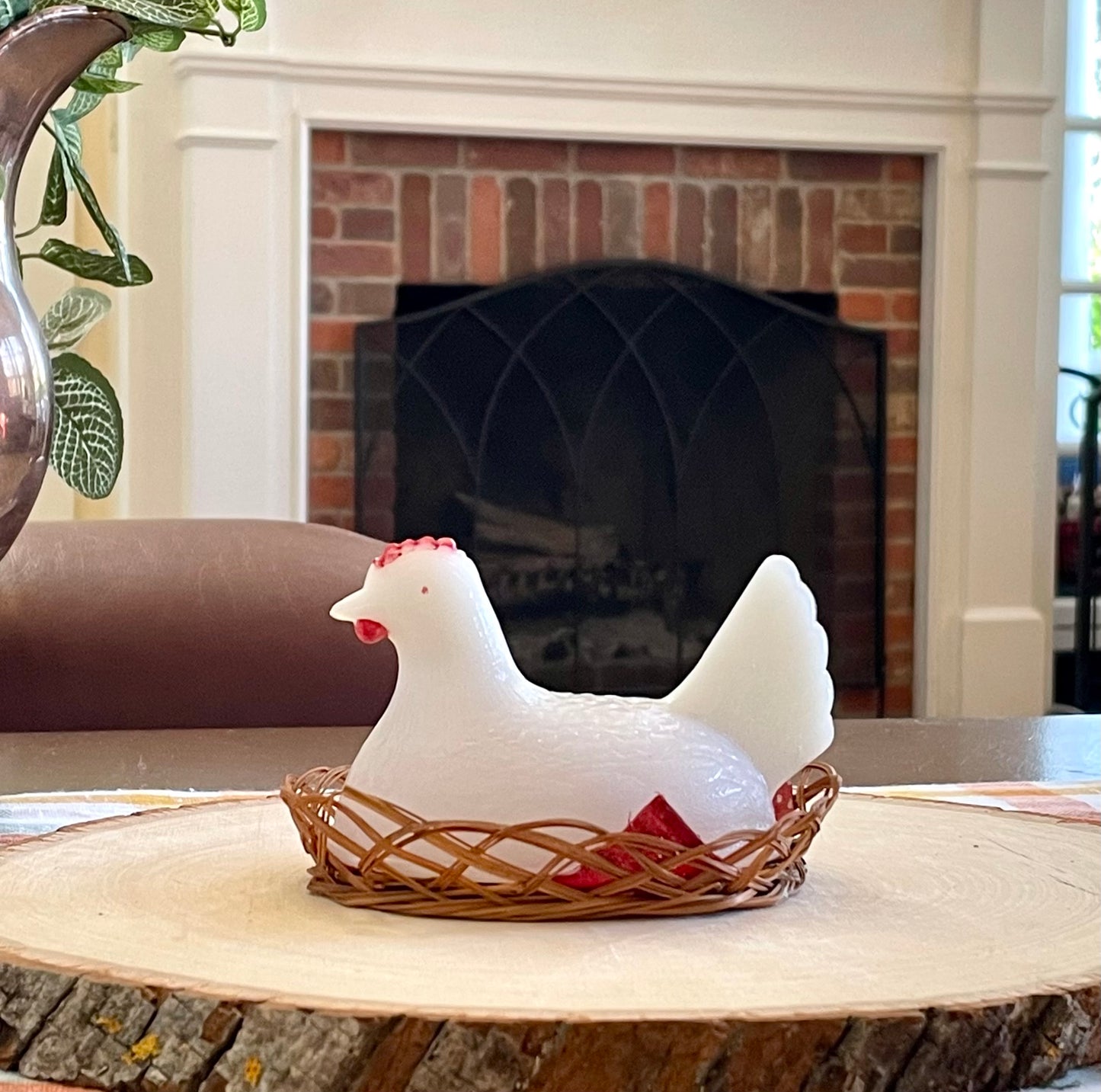 Vintage White Milk Glass Chicken with Red Comb Hen in a Wicker Basket