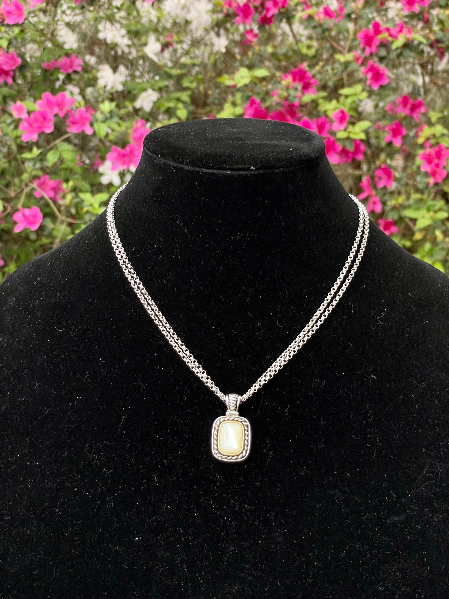 White Iridescent Stone Pendant on a Double Strand Sterling Silver Necklace