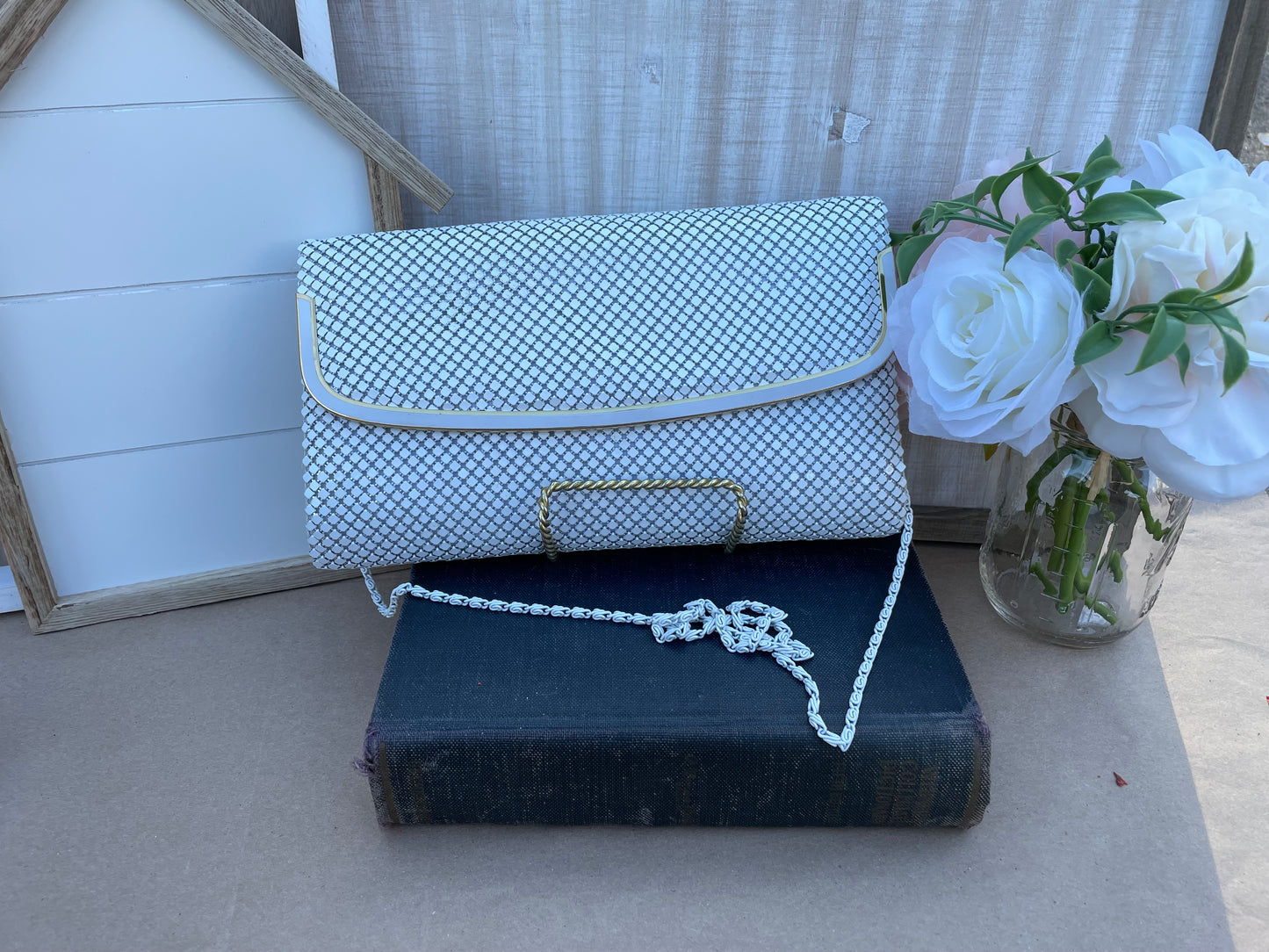 Vintage White Mesh Chainmail Clutch with Strap