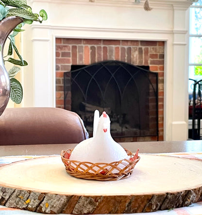 Vintage White Milk Glass Chicken with Red Comb Hen in a Wicker Basket