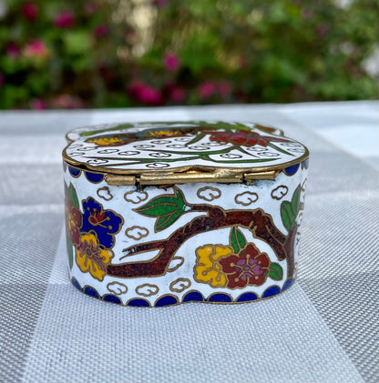 Vintage Cloisonne Rare White Enamel over Brass Trinket Box with Tropical Birds