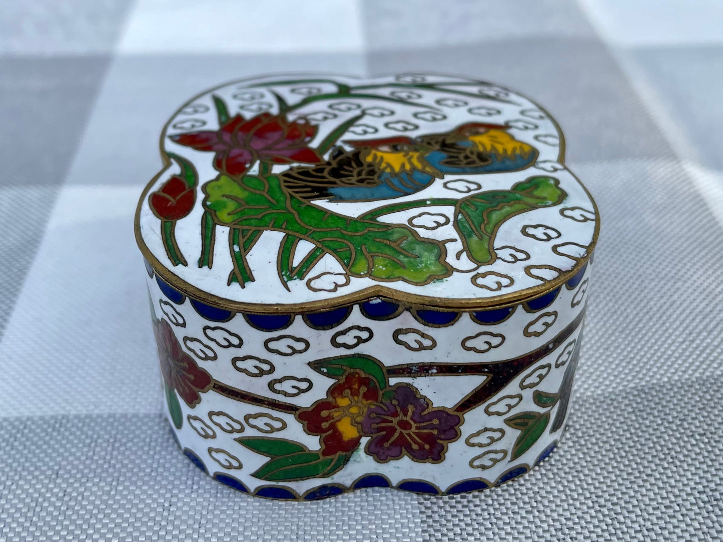 Vintage Cloisonne Rare White Enamel over Brass Trinket Box with Tropical Birds