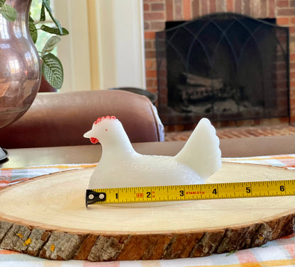 Vintage White Milk Glass Chicken with Red Comb Hen in a Wicker Basket