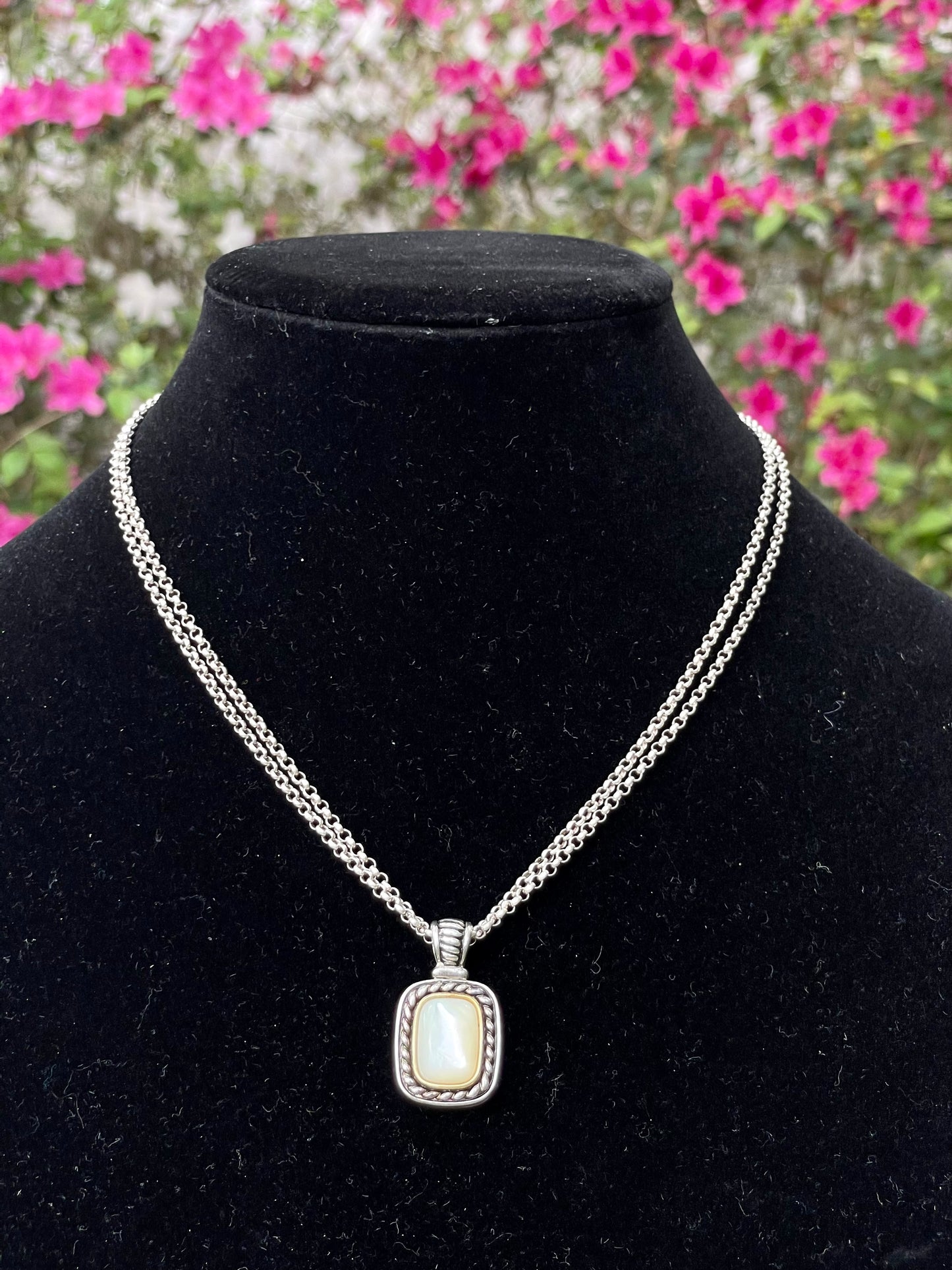 White Iridescent Stone Pendant on a Double Strand Sterling Silver Necklace