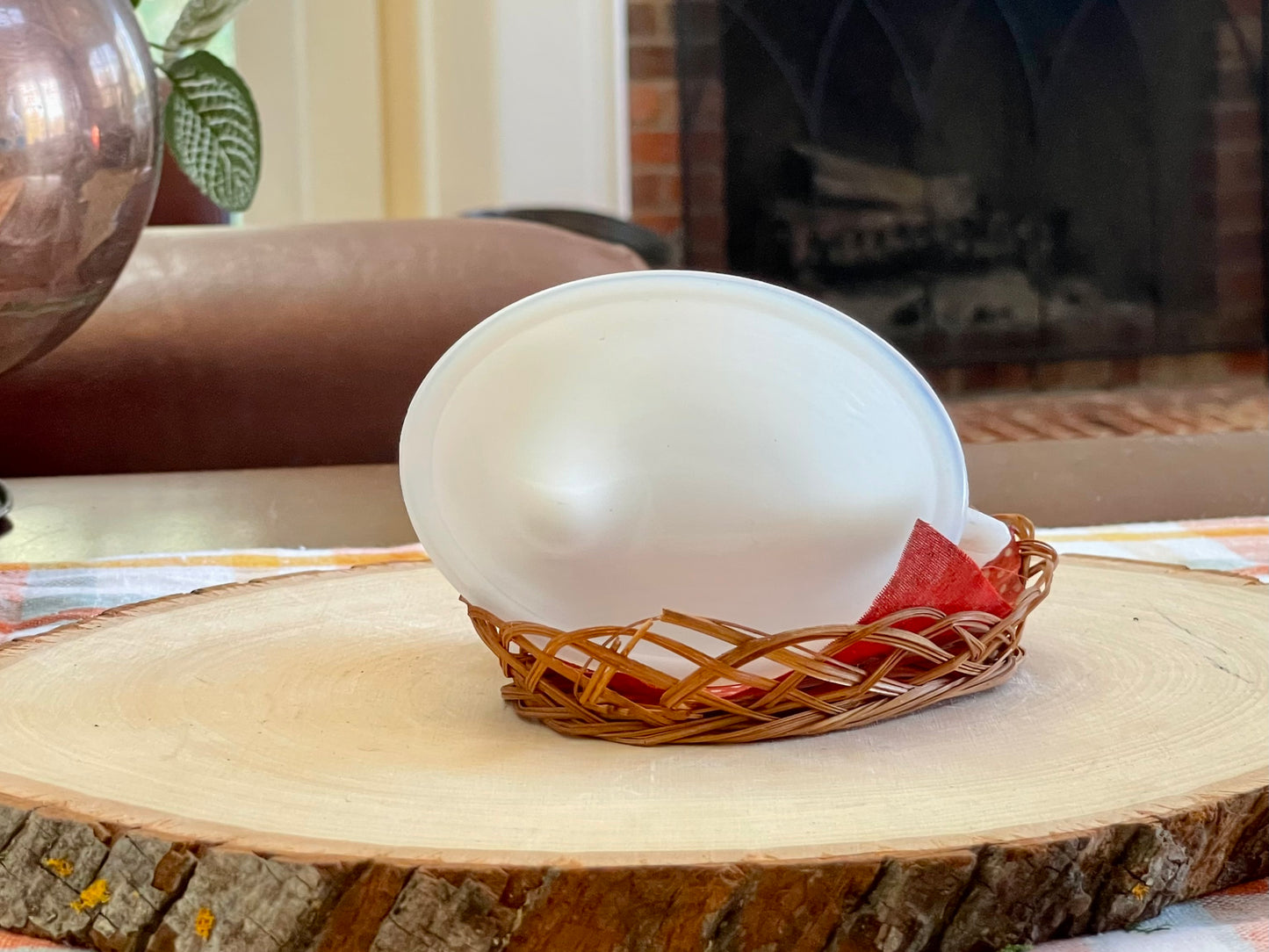 Vintage White Milk Glass Chicken with Red Comb Hen in a Wicker Basket