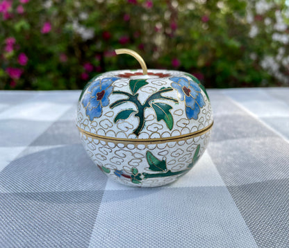 Vintage Cloisonne White Apple Shaped Trinket Box