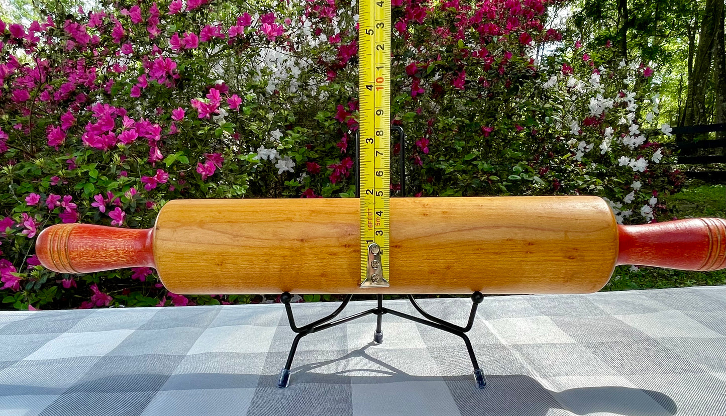 Vintage Farmhouse Maple Wood Rolling Pin with Red Painted Handles