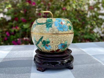 Vintage Yellow Apple Shaped Cloisonné Trinket Jar with Blue Flowers